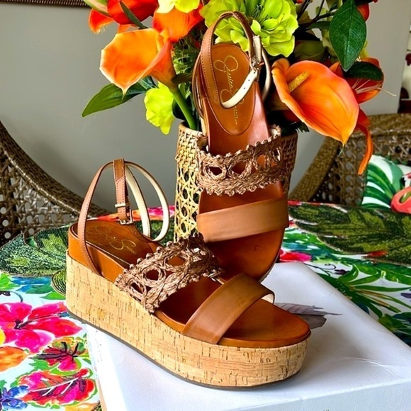 Brand New Jessica Simpson Callri Wedge Sandals Woven Raffia Cork Platform Ankle - Picture 16 of 16